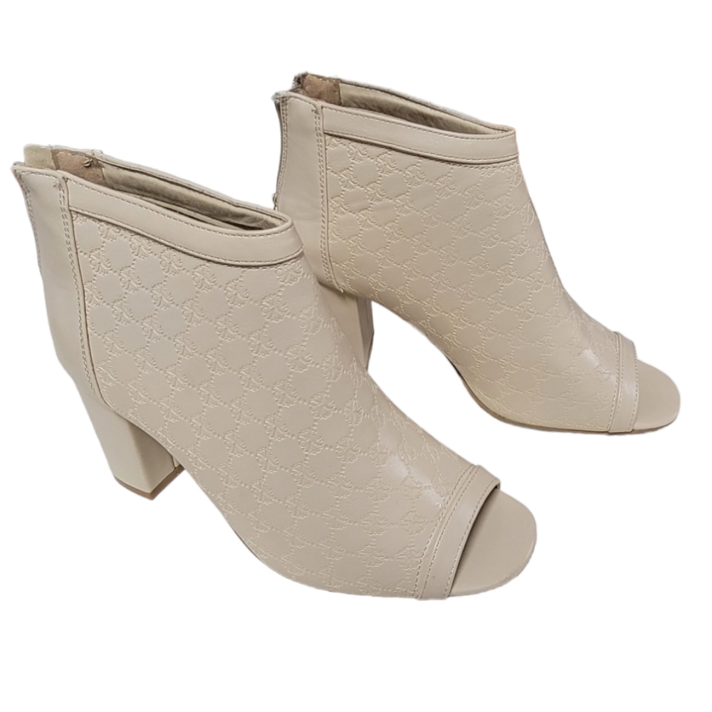 CXL by Christian Lacroix Cadenza Peep Toe Block Heel Ankle Boots Beige Size 8.5